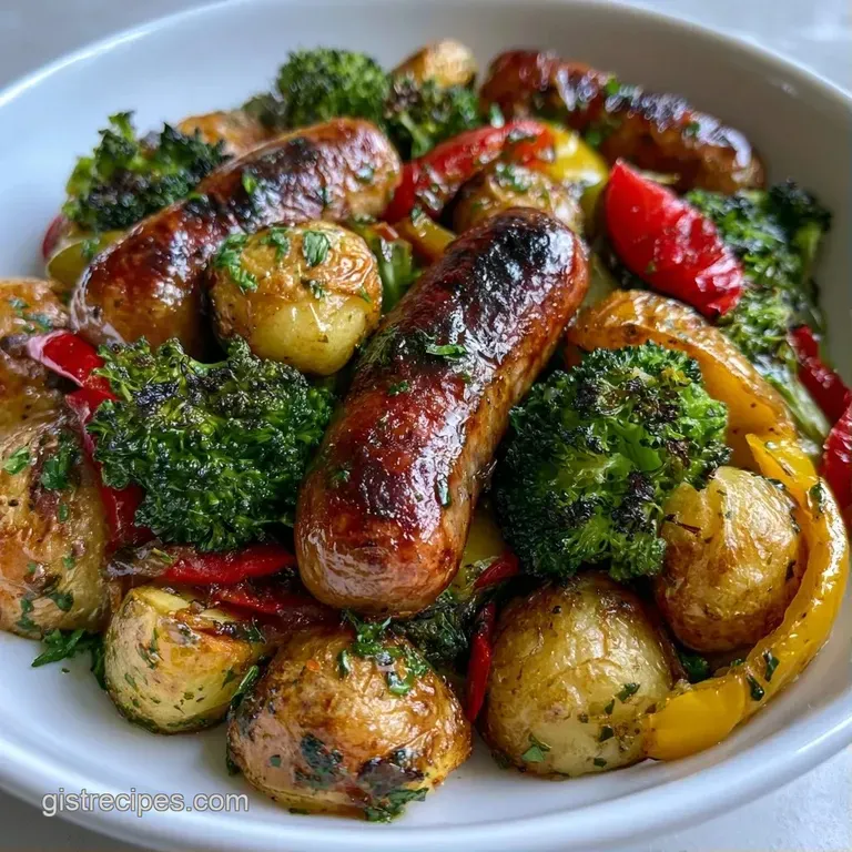Sliced browned sausages nestled among vibrant roasted bell peppers and caramelized onions on a white ceramic plate.