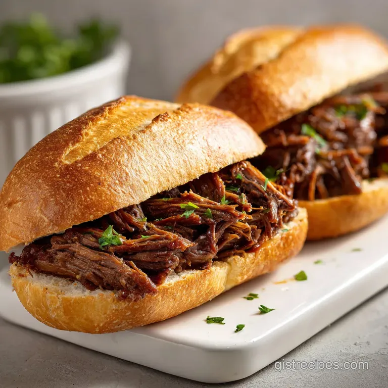 Shredded beef sandwich served open-faced, showcasing tender, glistening meat; parsley sprig garnish, rustic wooden board.