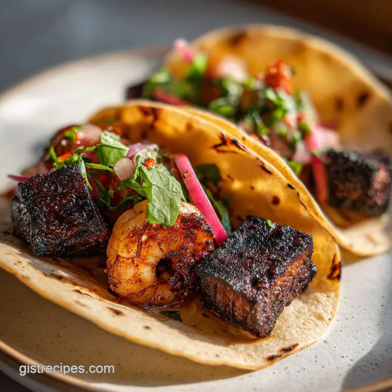 Three colorful tacos arranged on a slate platter with a side of zesty crema and vibrant, thinly sliced radishes.