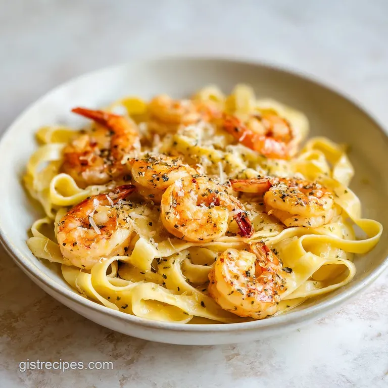 A swirl of buttery pasta topped with seared pink shrimp and a dusting of parmesan on a minimalist white plate.