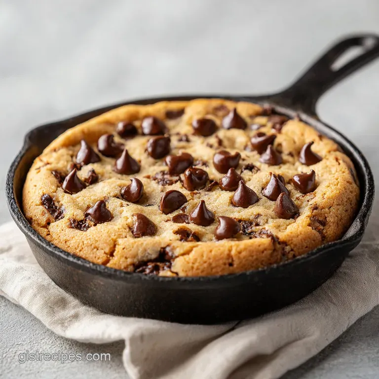 Slice of warm chocolate chip skillet cookie on a white plate, drizzled with caramel sauce, beside a scoop of vanilla ice c...