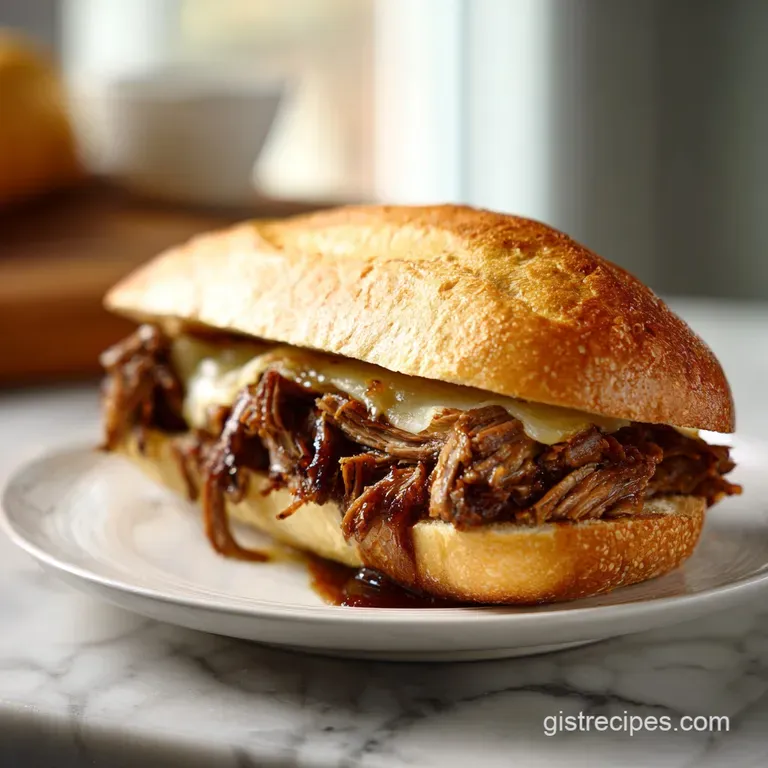 French Dip Sandwich half, golden brown crust, juicy beef, dipped in dark, glistening au jus in a clear glass. Garnished wi...