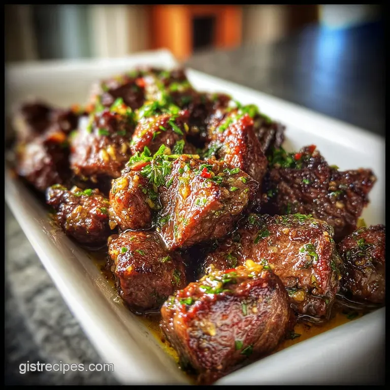 Perfectly seared steak morsels, herbs, garlic and caramelized onions, artfully arranged on a dark plate.