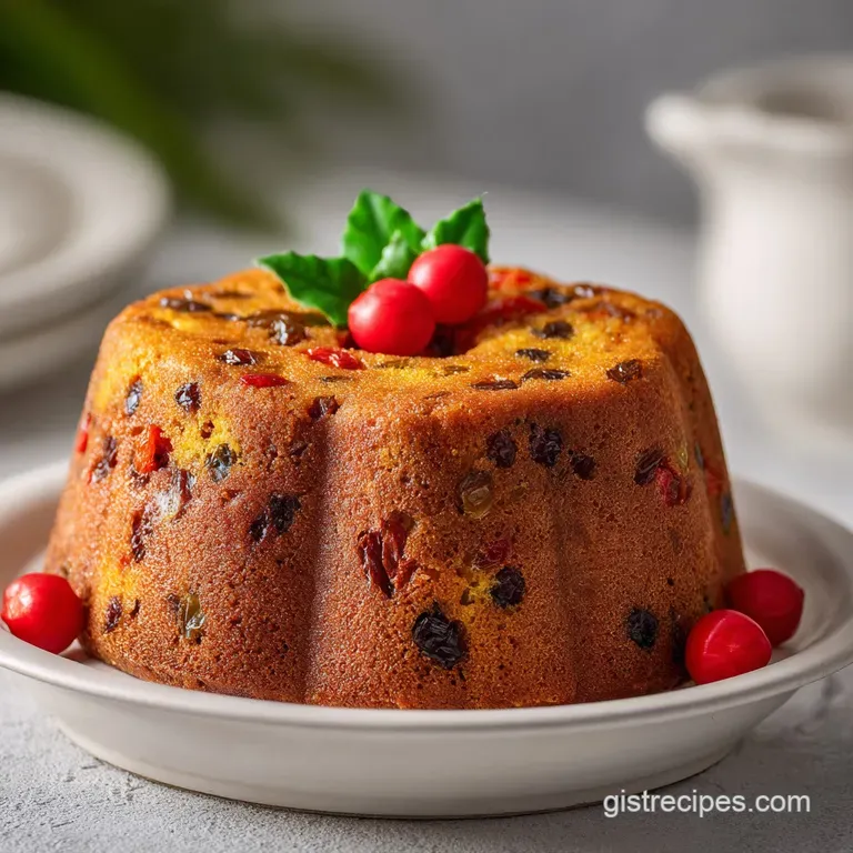 Slice of moist fruitcake with candied orange peel on a festive plate. Perfect for a Christmas celebration.