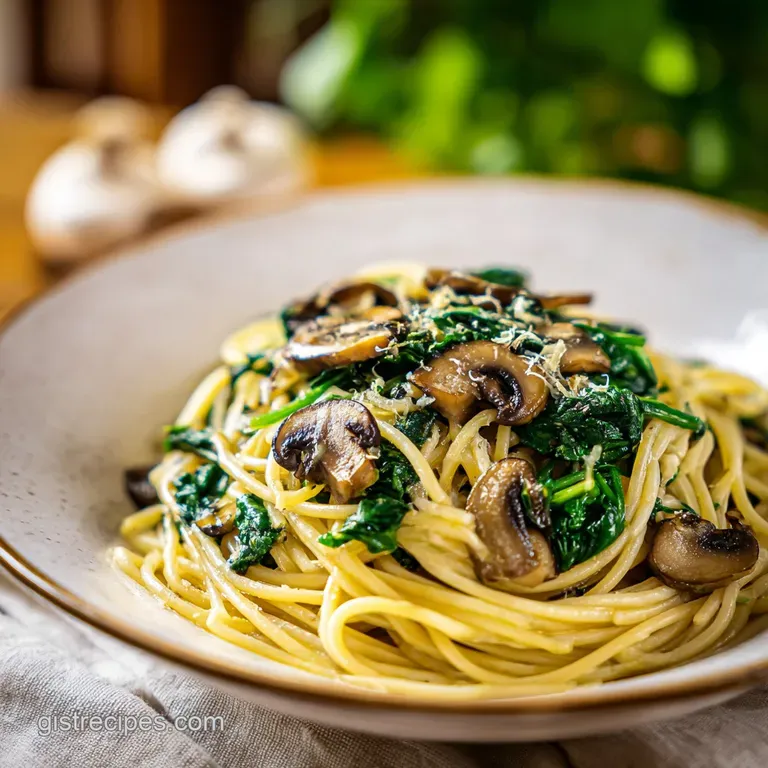 Elegant plating of spinach mushroom spaghetti, showcasing the vibrant green spinach, browned mushrooms, and creamy sauce d...