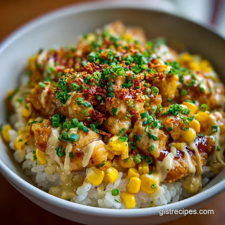 Street corn chicken bowl: juicy chicken, bright corn, and vibrant toppings elegantly arranged on a bed of fluffy white ric...