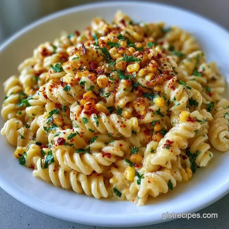Vibrant creamy pasta with charred corn, crumbled white cheese and red paprika dust on a rustic wooden tabletop.
