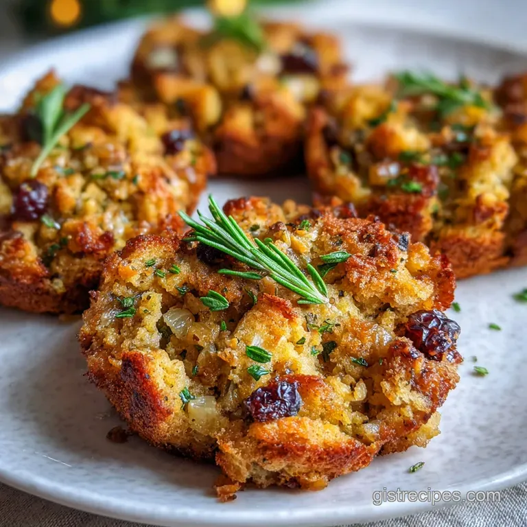 Perfectly browned stuffing ball on a festive plate, garnished with vibrant green herbs and a drizzle of golden gravy.