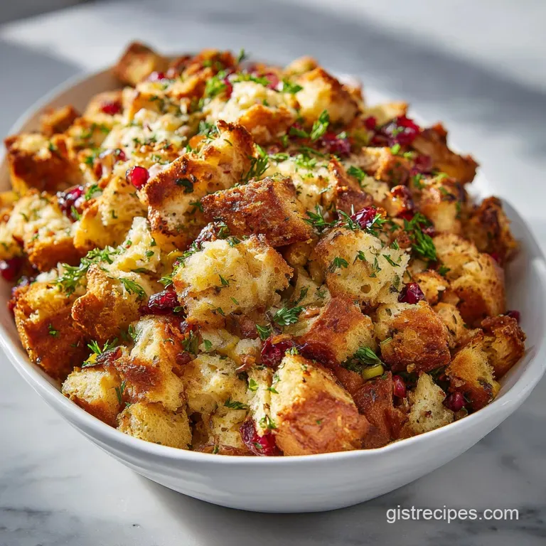 A scoop of moist, golden-brown stuffing, garnished with fresh parsley, served beside a juicy roasted turkey slice.