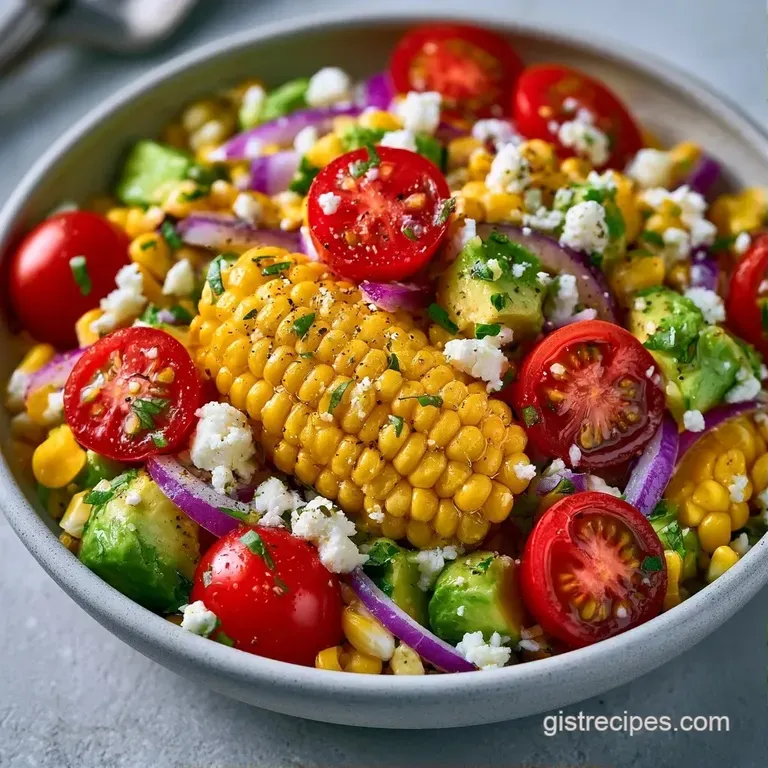 Colorful mixture of golden corn, diced avocado, and crumbled feta served in a rustic bowl with a lime wedge.