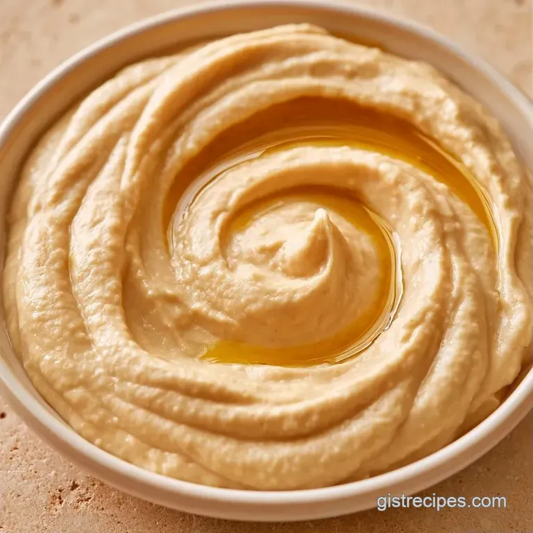 Smooth beige dip swirled with olive oil, surrounded by toasted pita wedges and crisp cucumber slices on a white plate.