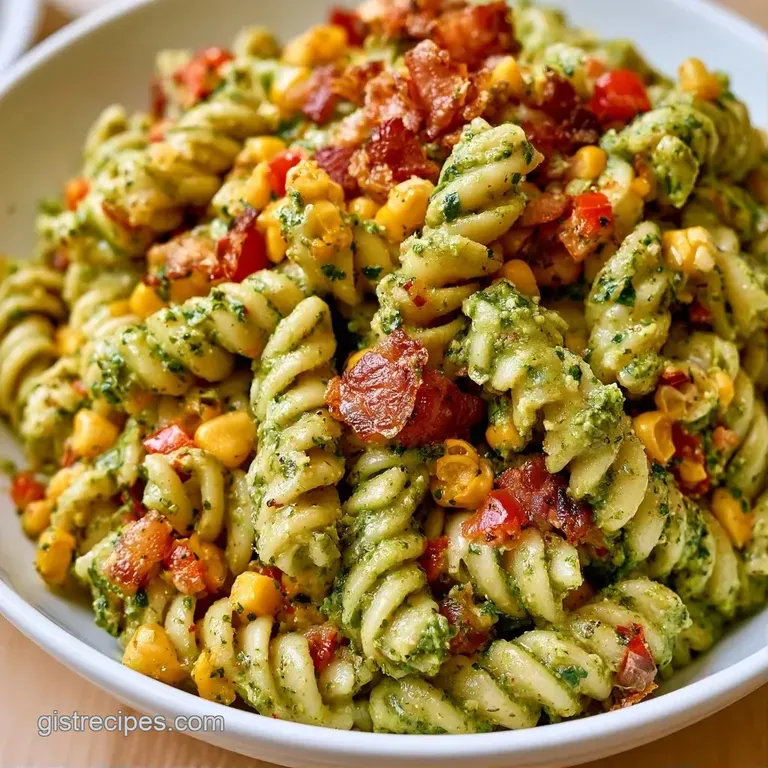Al dente pasta swirls coated in vibrant green pesto and golden corn, served on a minimalist matte grey platter.