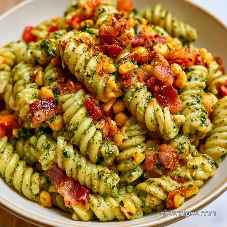Sweet Corn Pesto Pasta Salad with Bacon