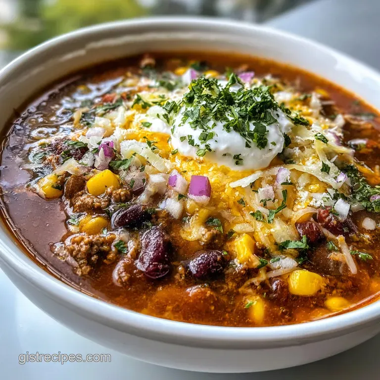 A steaming bowl of taco soup, garnished with fresh cilantro, a dollop of sour cream and crispy tortilla strips on a white ...