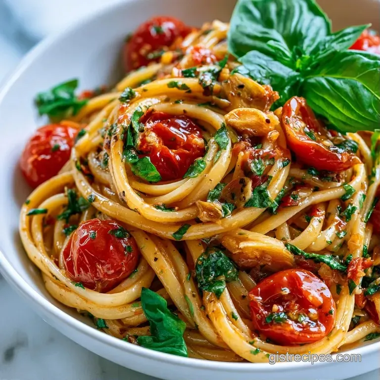 Twirled pasta in a rich crimson sauce on a white ceramic plate, accented by bright green basil and snowy parmesan.