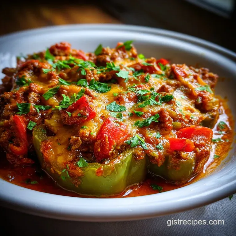 A single serving of saucy, seasoned ground beef and rice stuffed in a bright red bell pepper, topped with fresh parsley sp...
