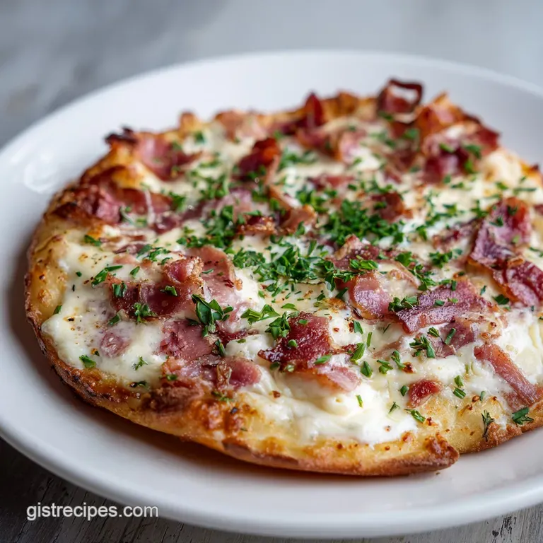 A glossy pool of rich, white pizza sauce shimmers beside a sprinkle of herbs, ready to be savored on crusty dough.