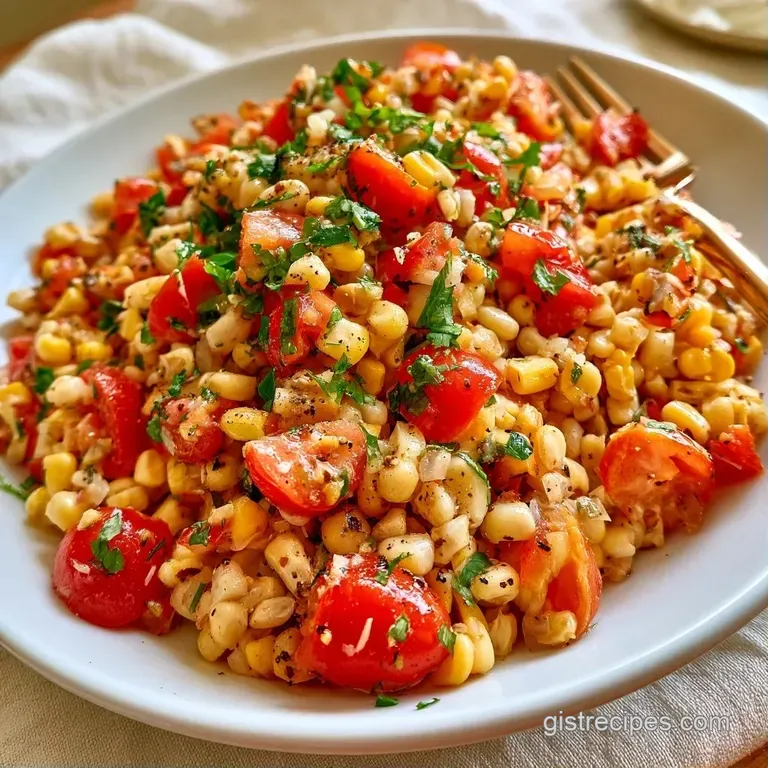 Golden charred corn mixed with purple onions and lime zest, neatly plated on a slate platter with a sprig of cilantro.