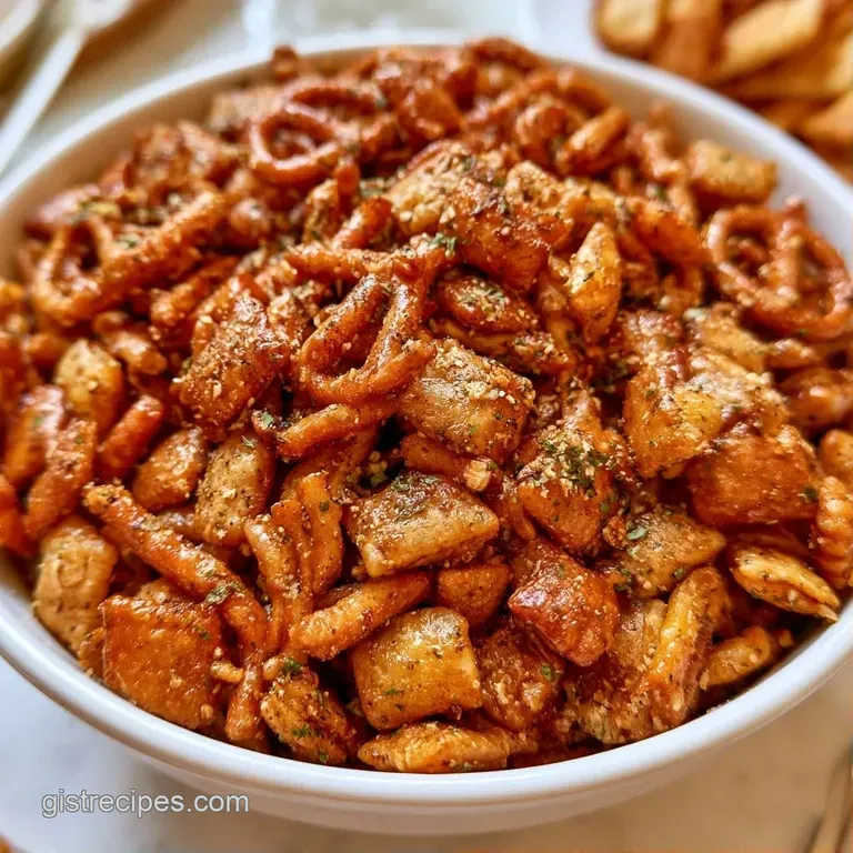 A white ceramic bowl overflowing with salted pretzels and toasted almonds resting on a clean, bright marble surface.
