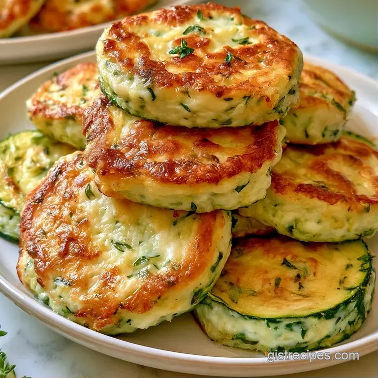 A neat square slice of baked zucchini bake on a white plate, topped with melted cheese and a sprig of fresh parsley.