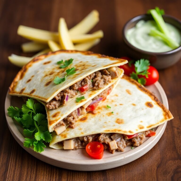 A sizzling steak quesadilla filled with melted cheese and tender beef, served with fresh salsa and guacamole on the side.