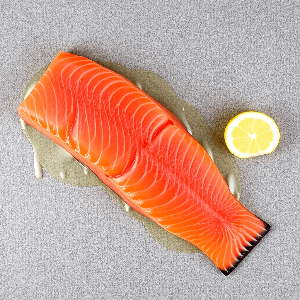 A beautifully arranged sushi roll topped with vibrant slices of sushi-grade salmon, garnished with delicate sprouts and a sprig of parsley on a wooden board.