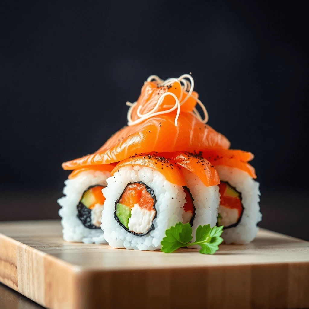 A beautifully arranged sushi roll topped with vibrant slices of sushi-grade salmon, garnished with delicate sprouts and a sprig of parsley on a wooden board.