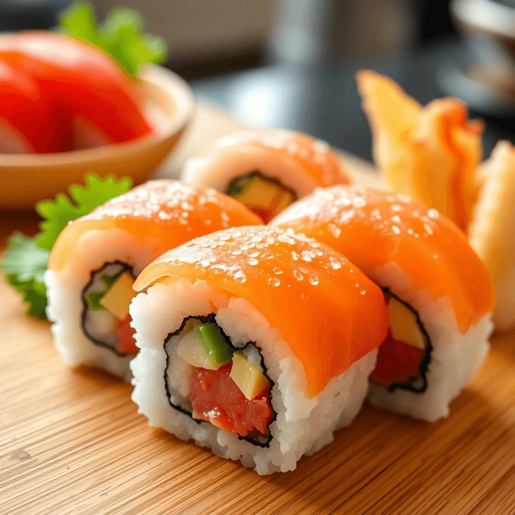 A beautifully arranged sushi roll topped with vibrant slices of sushi-grade salmon, garnished with delicate sprouts and a sprig of parsley on a wooden board.